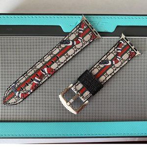 Luxury Leather Apple Watch Band Beige CD Letter Snake 38mm 40mm 42mm 44mm Silver